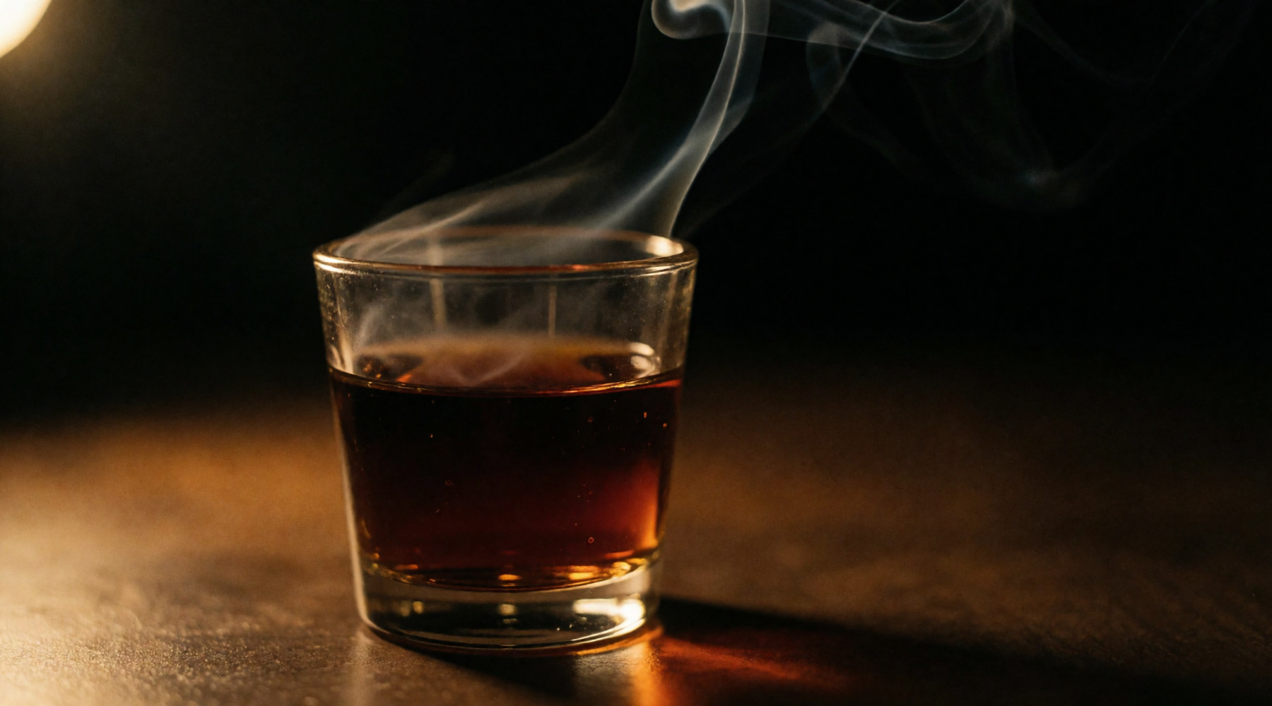 A glass of dark whisky with smoke curling above it.