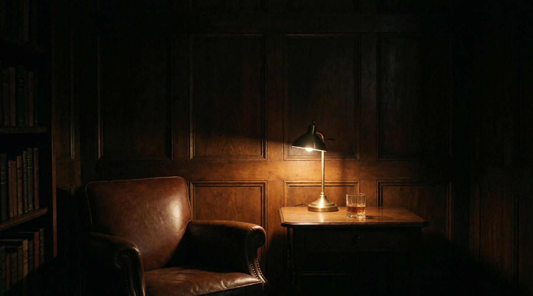 A lit lamp and a reading chair in a panelled study.