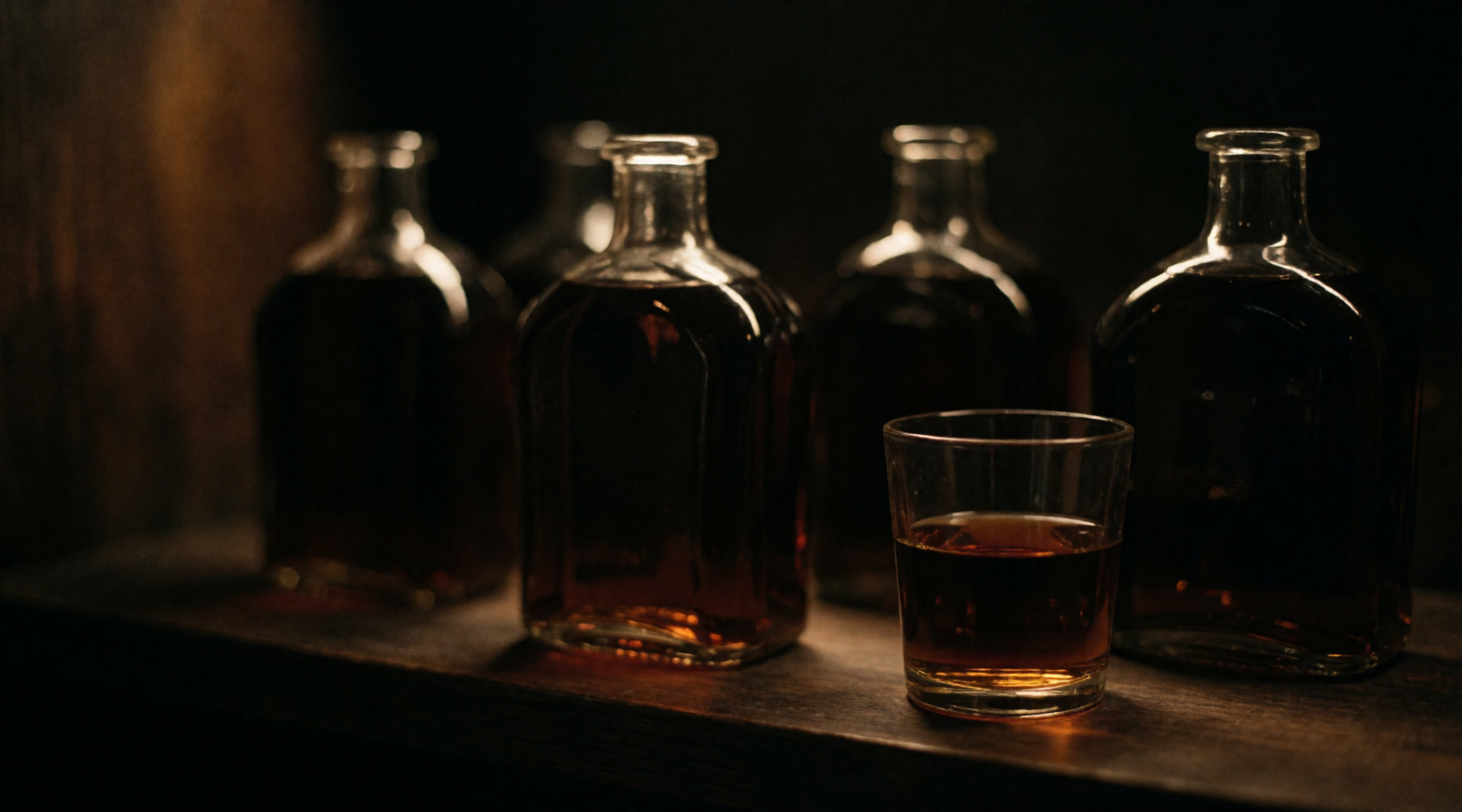 A row of bottles on a dark shelf.